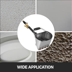 Collage showing stainless steel 4-jet mortar sprayer gun with pneumatic handle, bucket, and textured wall applications.