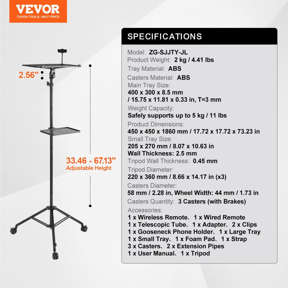 Projector Stand with Wheels Laptop Stand Tripod Height from 31.3 to 67.3"