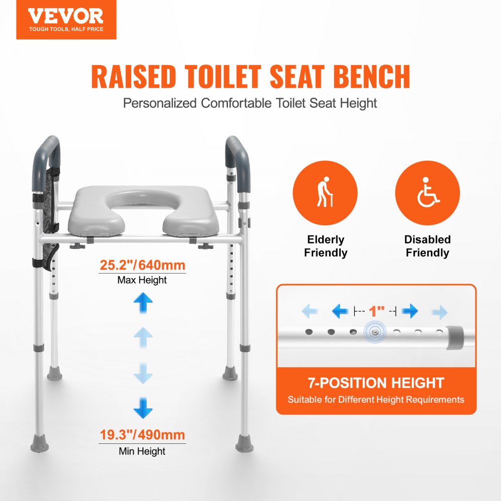 Raised Toilet Seat, 7-Position Height Adjustment 19.3" - 25.2", 350lbs Weight Capacity, with Comfort Padded Aluminum Frame, Universal Toilet Seat Riser, for Elderly, Handicap, Pregnant, Medical