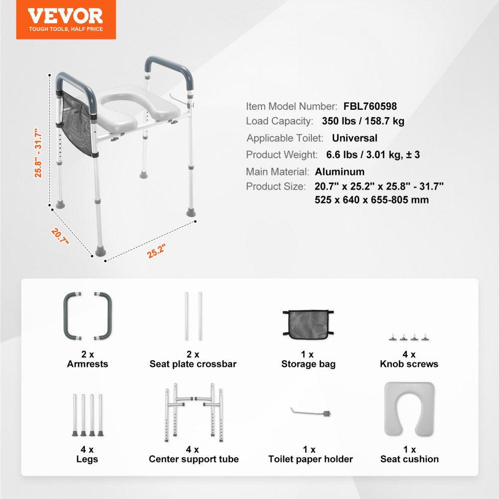 Raised Toilet Seat, 7-Position Height Adjustment 19.3" - 25.2", 350lbs Weight Capacity, with Comfort Padded Aluminum Frame, Universal Toilet Seat Riser, for Elderly, Handicap, Pregnant, Medical