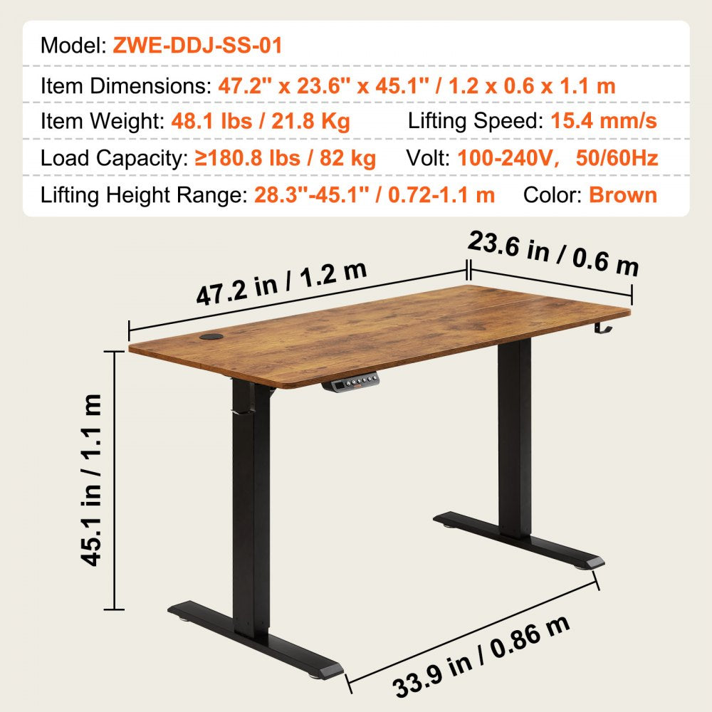 Height Adjustable Desk, 47.2 x 23.6 in（1.2m*0.6m）, 3-Key Modes Electric Standing Desk, Whole Piece Desk Board, Sturdy Dual Metal Frame, Max. Loading 180 LBS Computer Sit Stand up Desk, for Home and Office