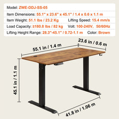 Height Adjustable Desk, 55.1 x 23.6 in（1.4m*0.6m）, 3-Key Modes Electric Standing Desk,Whole Piece Desk Board, Sturdy Dual Metal Frame, Max. Bearing 180 LBS Computer Sit Stand up Desk, for Home and Office