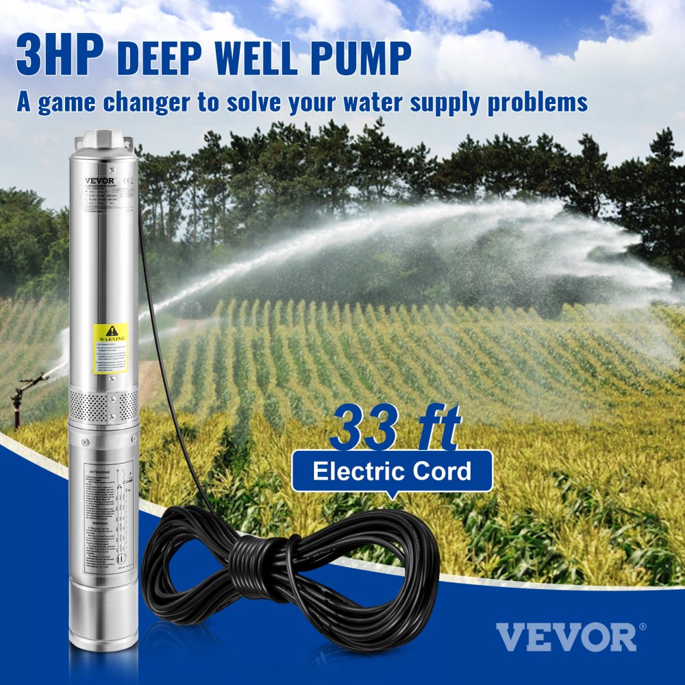 Deep Well Submersible Pump, 3HP/2200W 230V/60Hz, 37GPM Flow 640 ft Head, with 33 ft Electric Cord, 4 inch Stainless Steel Water Pumps for Industrial, Irrigation & Home Use, IP68 Waterproof Grade