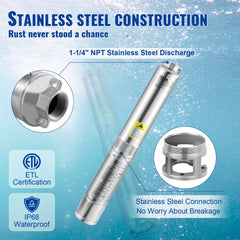 Deep Well Submersible Pump, 3HP/2200W 230V/60Hz, 37GPM Flow 640 ft Head, with 33 ft Electric Cord, 4 inch Stainless Steel Water Pumps for Industrial, Irrigation & Home Use, IP68 Waterproof Grade