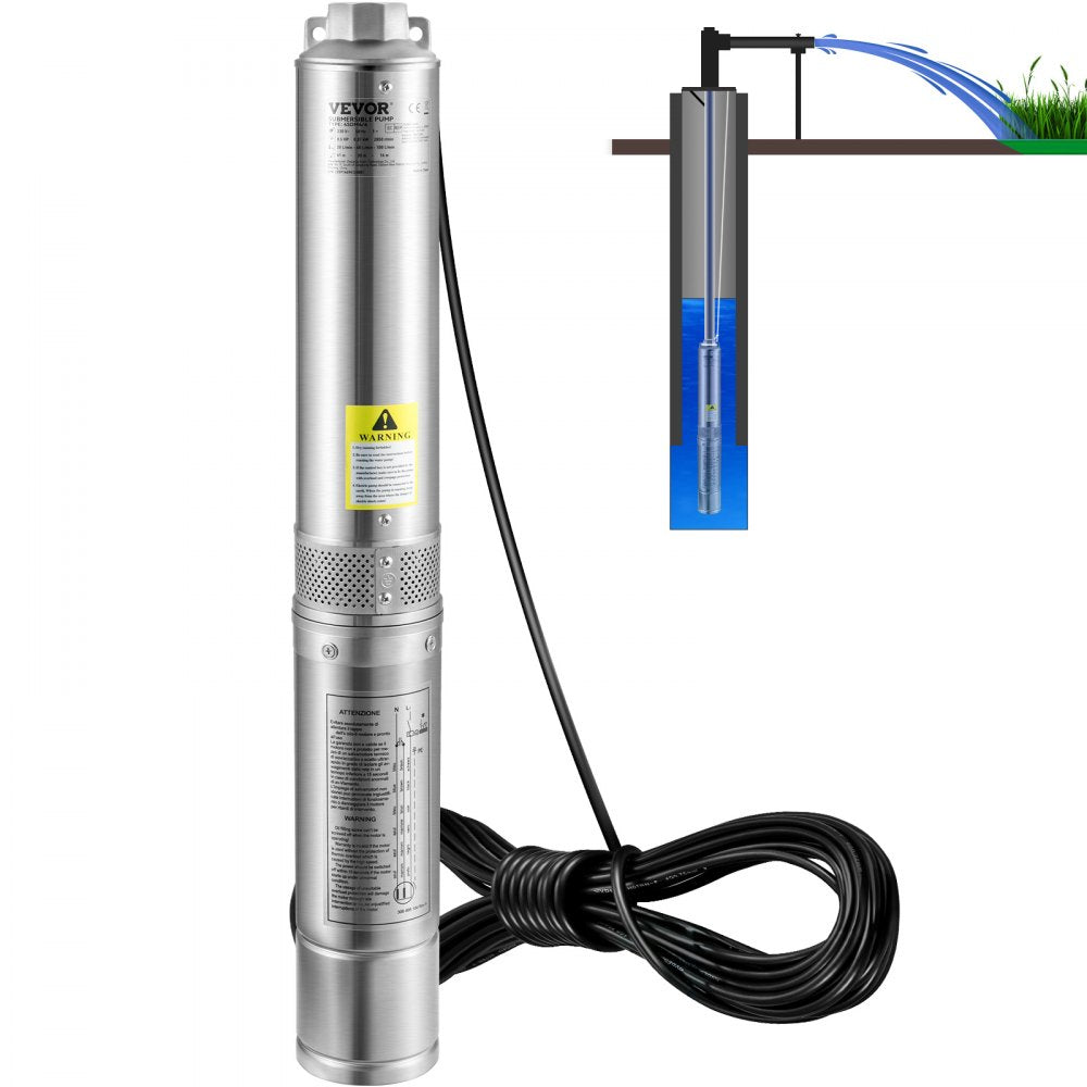 Deep Well Submersible Pump, 3HP/2200W 230V/60Hz, 37GPM Flow 640 ft Head, with 33 ft Electric Cord, 4 inch Stainless Steel Water Pumps for Industrial, Irrigation & Home Use, IP68 Waterproof Grade