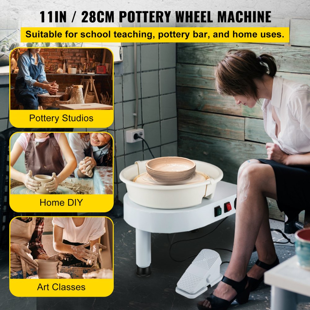 Bostome 11-inch electric pottery wheel with adjustable table, foot pedal, and tool set.