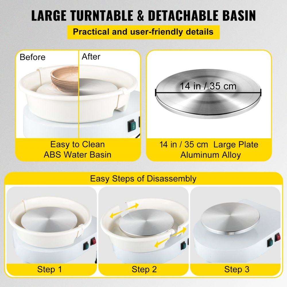 Bostome 14-inch electric pottery wheel with retractable table and foot pedal for hands-free control.