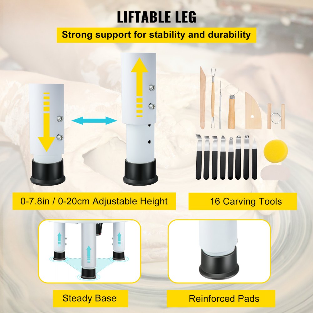 Bostome 14-inch electric pottery wheel with adjustable height and foot pedal for hands-free control.