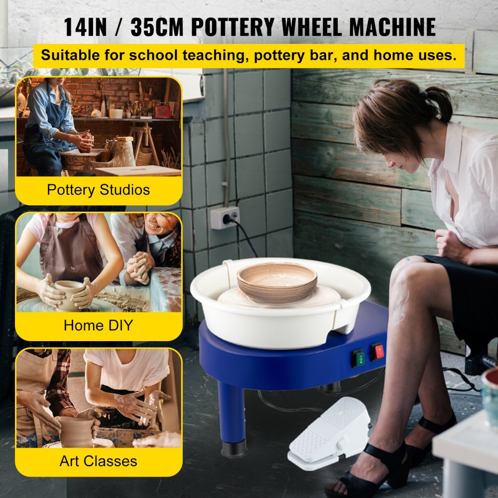 14-inch electric pottery wheel with adjustable retractable table and foot pedal control.