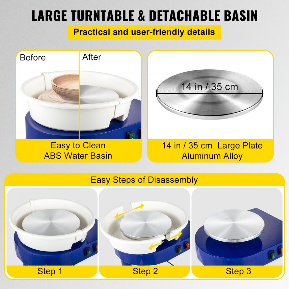 Bostome 14-inch electric pottery wheel with retractable table and adjustable speed control.
