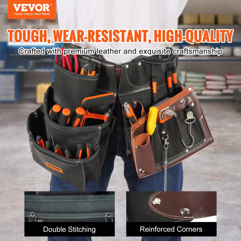 Tool Belt, 31 Pockets, Adjusts 32 Inches to 54 Inches, Leather Heavy Duty Tool Pouch Bag, Detachable Tool Bag for Electrician, Carpenter, Handyman, Woodworker, Construction, Black/Brown
