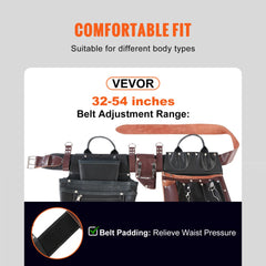 Tool Belt, 31 Pockets, Adjusts 32 Inches to 54 Inches, Leather Heavy Duty Tool Pouch Bag, Detachable Tool Bag for Electrician, Carpenter, Handyman, Woodworker, Construction, Black/Brown