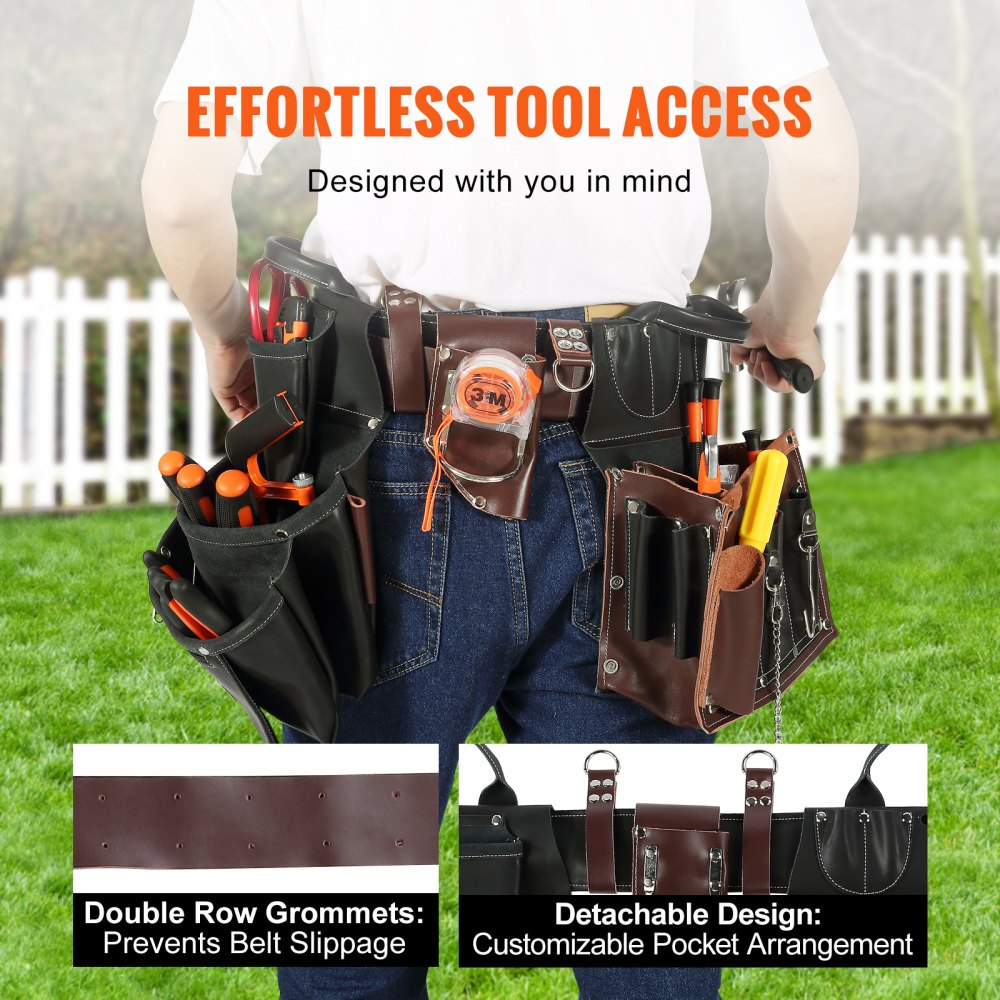Tool Belt, 31 Pockets, Adjusts 32 Inches to 54 Inches, Leather Heavy Duty Tool Pouch Bag, Detachable Tool Bag for Electrician, Carpenter, Handyman, Woodworker, Construction, Black/Brown