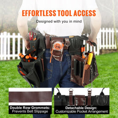 Tool Belt, 31 Pockets, Adjusts 32 Inches to 54 Inches, Leather Heavy Duty Tool Pouch Bag, Detachable Tool Bag for Electrician, Carpenter, Handyman, Woodworker, Construction, Black/Brown