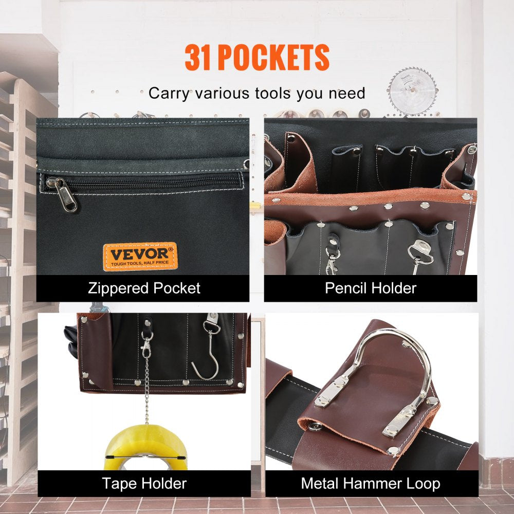 Tool Belt, 31 Pockets, Adjusts 32 Inches to 54 Inches, Leather Heavy Duty Tool Pouch Bag, Detachable Tool Bag for Electrician, Carpenter, Handyman, Woodworker, Construction, Black/Brown