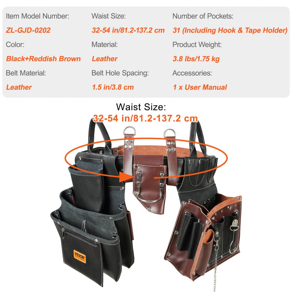 Tool Belt, 31 Pockets, Adjusts 32 Inches to 54 Inches, Leather Heavy Duty Tool Pouch Bag, Detachable Tool Bag for Electrician, Carpenter, Handyman, Woodworker, Construction, Black/Brown