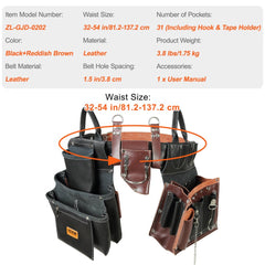Tool Belt, 31 Pockets, Adjusts 32 Inches to 54 Inches, Leather Heavy Duty Tool Pouch Bag, Detachable Tool Bag for Electrician, Carpenter, Handyman, Woodworker, Construction, Black/Brown