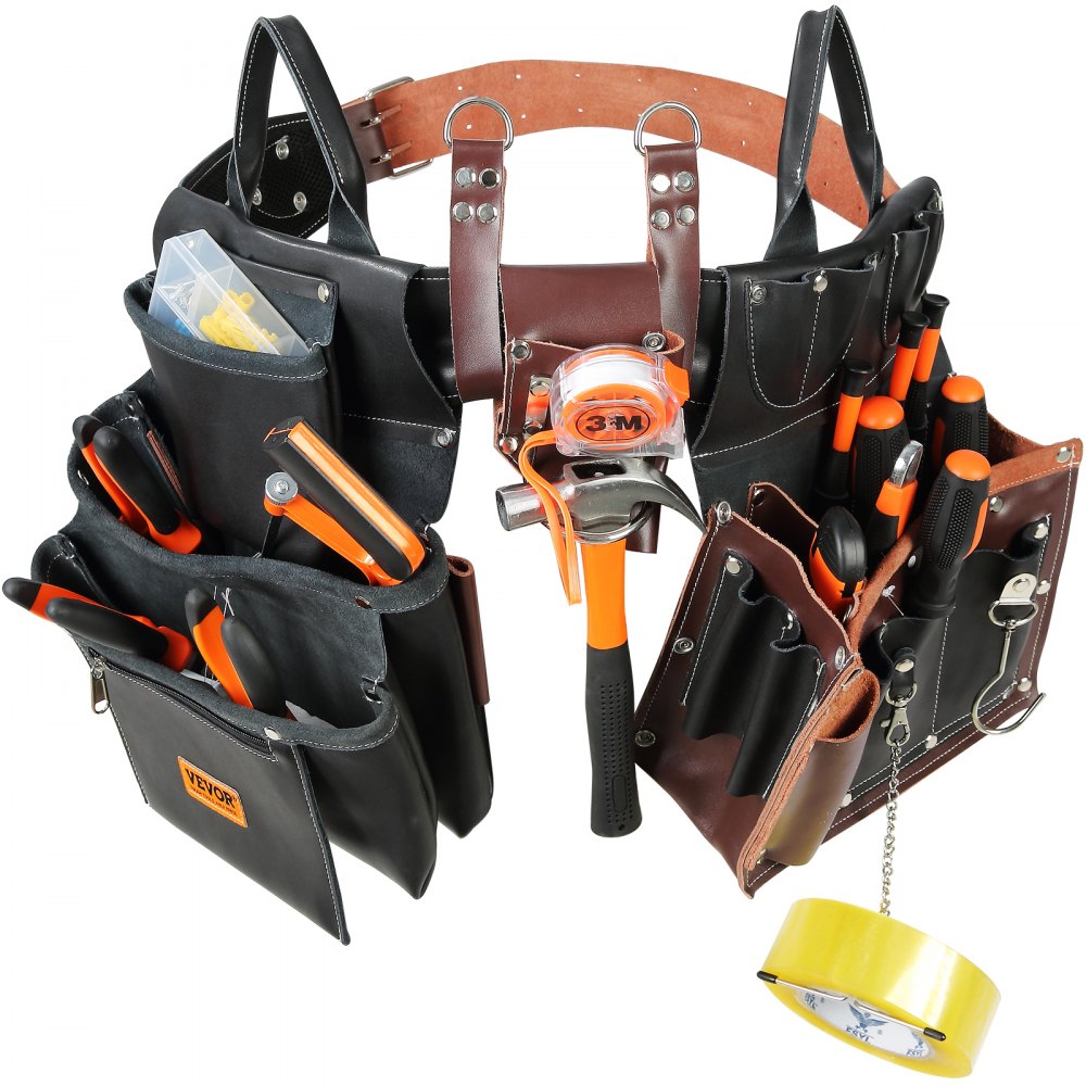 Tool Belt, 31 Pockets, Adjusts 32 Inches to 54 Inches, Leather Heavy Duty Tool Pouch Bag, Detachable Tool Bag for Electrician, Carpenter, Handyman, Woodworker, Construction, Black/Brown