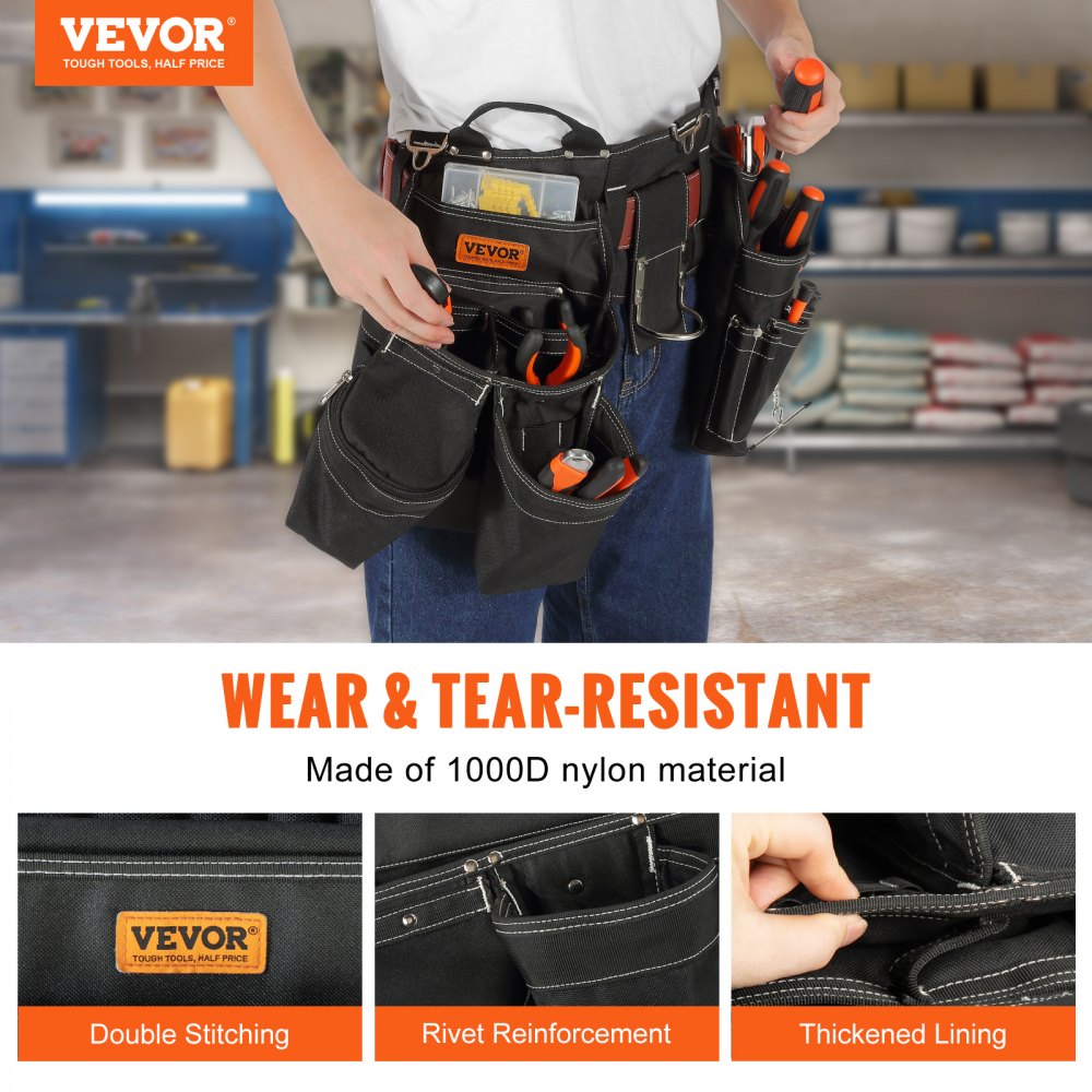 Tool Belt, 32 Pockets, Adjusts from 32 Inches to 54 Inches, Nylon Heavy Duty Tool Pouch Bag, Detachable Tool Bag for Electrician, Carpenter, Handyman, Woodworker, Construction, Framer, Black