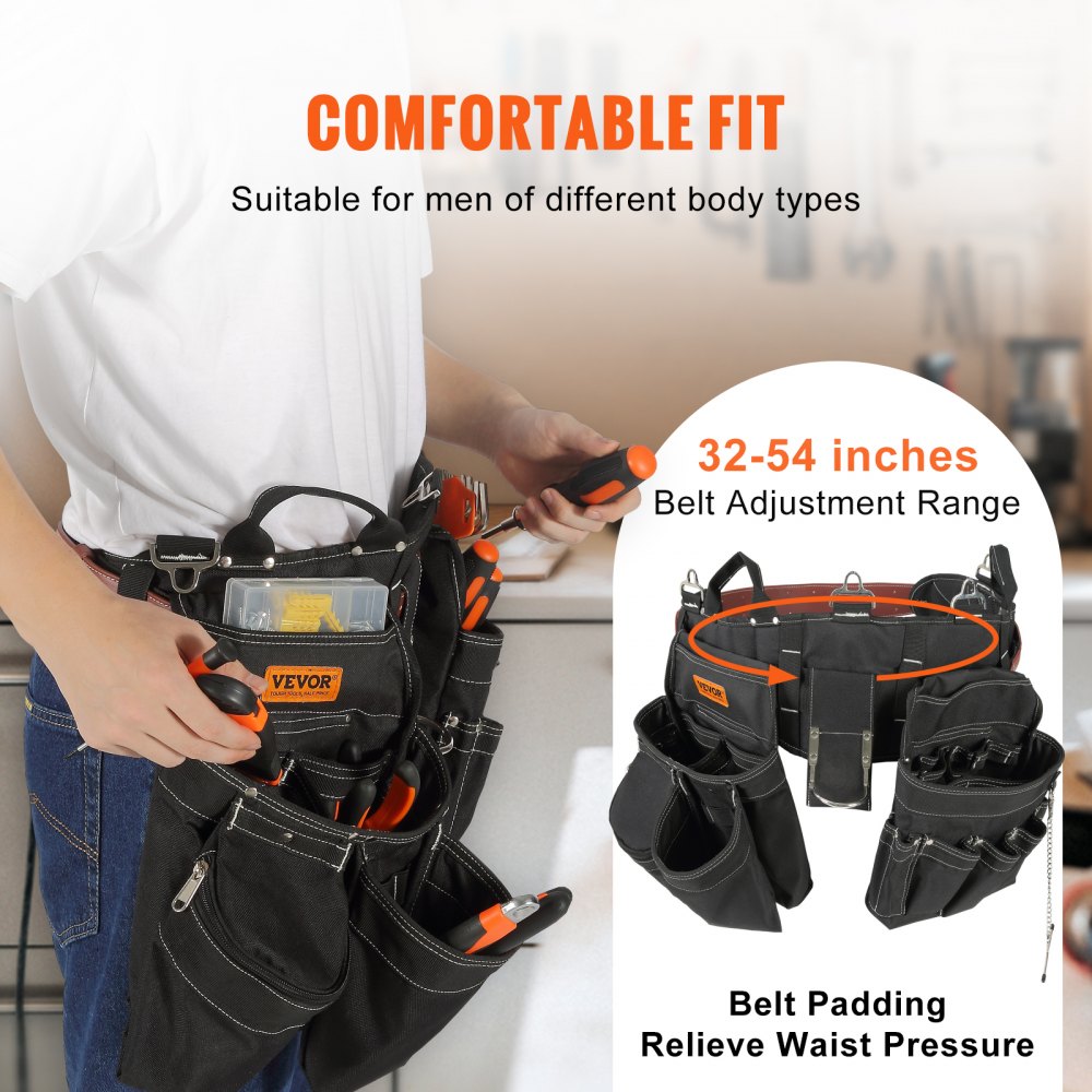 Tool Belt, 32 Pockets, Adjusts from 32 Inches to 54 Inches, Nylon Heavy Duty Tool Pouch Bag, Detachable Tool Bag for Electrician, Carpenter, Handyman, Woodworker, Construction, Framer, Black