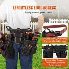 Tool Belt, 32 Pockets, Adjusts from 32 Inches to 54 Inches, Nylon Heavy Duty Tool Pouch Bag, Detachable Tool Bag for Electrician, Carpenter, Handyman, Woodworker, Construction, Framer, Black