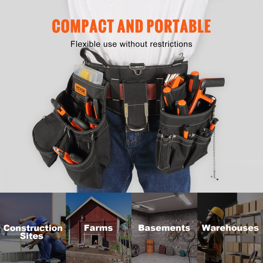 Tool Belt, 32 Pockets, Adjusts from 32 Inches to 54 Inches, Nylon Heavy Duty Tool Pouch Bag, Detachable Tool Bag for Electrician, Carpenter, Handyman, Woodworker, Construction, Framer, Black