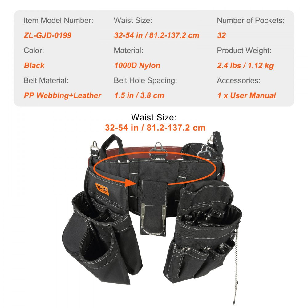Tool Belt, 32 Pockets, Adjusts from 32 Inches to 54 Inches, Nylon Heavy Duty Tool Pouch Bag, Detachable Tool Bag for Electrician, Carpenter, Handyman, Woodworker, Construction, Framer, Black