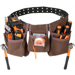 13 Pockets Tool Belt, Adjusts from 29 Inches to 54 Inches, Leather Heavy Duty Tool Pouch Bag with Dual Hammer Loops, Tool Bag for Electrician, Carpenter, Handyman, Construction, Framer, Brown
