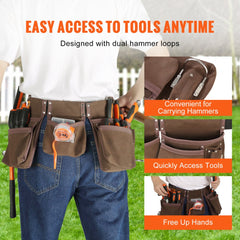 13 Pockets Tool Belt, Adjusts from 29 Inches to 54 Inches, Leather Heavy Duty Tool Pouch Bag with Dual Hammer Loops, Tool Bag for Electrician, Carpenter, Handyman, Construction, Framer, Brown