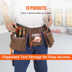 13 Pockets Tool Belt, Adjusts from 29 Inches to 54 Inches, Leather Heavy Duty Tool Pouch Bag with Dual Hammer Loops, Tool Bag for Electrician, Carpenter, Handyman, Construction, Framer, Brown