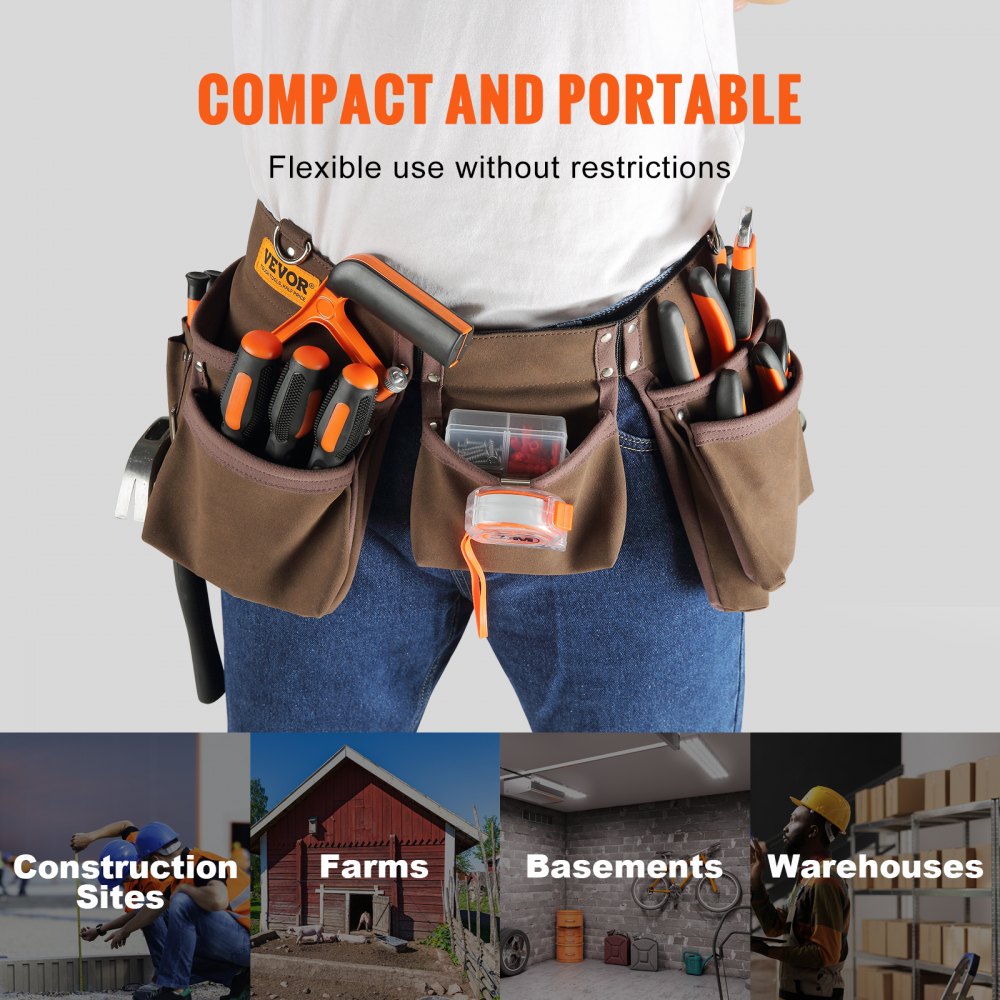 13 Pockets Tool Belt, Adjusts from 29 Inches to 54 Inches, Leather Heavy Duty Tool Pouch Bag with Dual Hammer Loops, Tool Bag for Electrician, Carpenter, Handyman, Construction, Framer, Brown