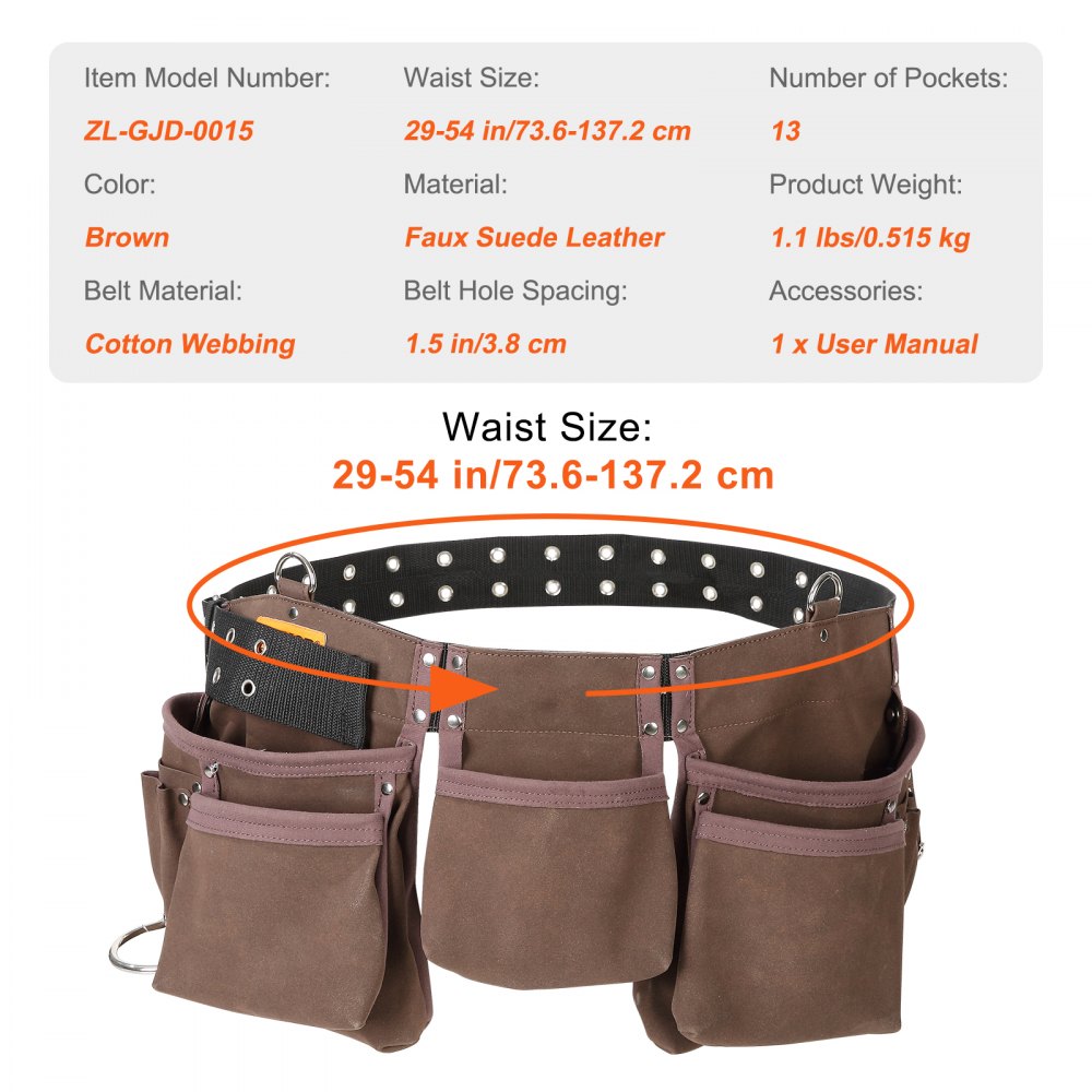13 Pockets Tool Belt, Adjusts from 29 Inches to 54 Inches, Leather Heavy Duty Tool Pouch Bag with Dual Hammer Loops, Tool Bag for Electrician, Carpenter, Handyman, Construction, Framer, Brown