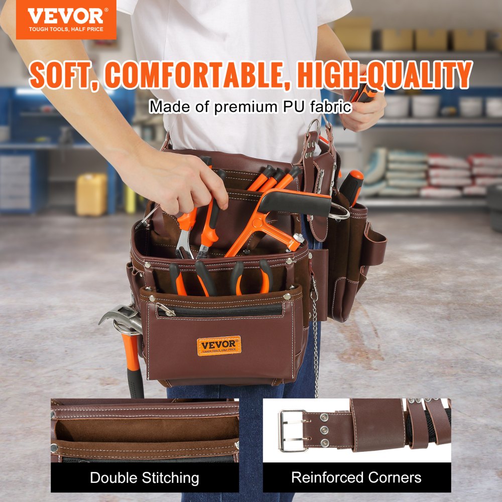 Tool Belt, 22 Pockets, Adjust from 29 Inches to 54 Inches, Premium PU Heavy Duty Tool Pouch Bag, Detachable Tool Bag for Electrician, Carpenter, Handyman, Woodworker, Construction, Framer, Brown