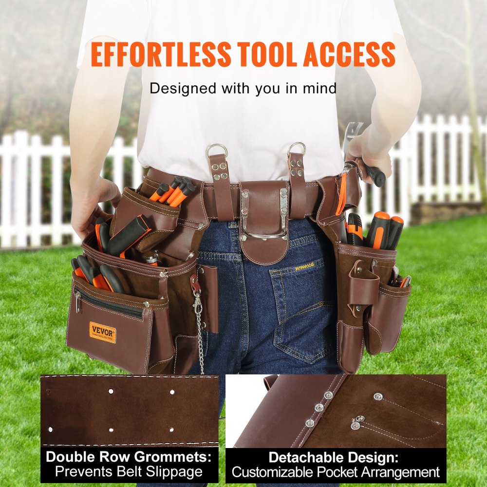 Tool Belt, 22 Pockets, Adjust from 29 Inches to 54 Inches, Premium PU Heavy Duty Tool Pouch Bag, Detachable Tool Bag for Electrician, Carpenter, Handyman, Woodworker, Construction, Framer, Brown
