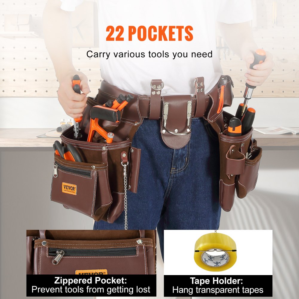 Tool Belt, 22 Pockets, Adjust from 29 Inches to 54 Inches, Premium PU Heavy Duty Tool Pouch Bag, Detachable Tool Bag for Electrician, Carpenter, Handyman, Woodworker, Construction, Framer, Brown