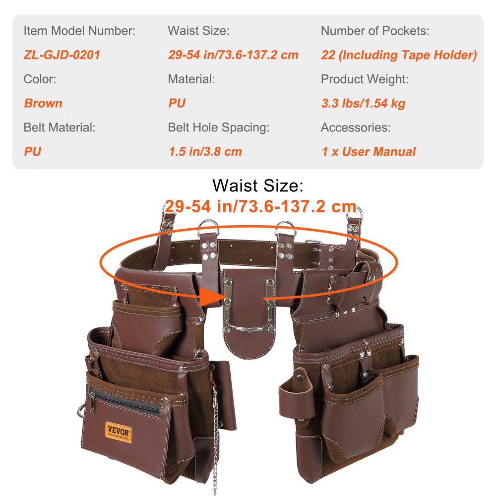 Tool Belt, 22 Pockets, Adjust from 29 Inches to 54 Inches, Premium PU Heavy Duty Tool Pouch Bag, Detachable Tool Bag for Electrician, Carpenter, Handyman, Woodworker, Construction, Framer, Brown
