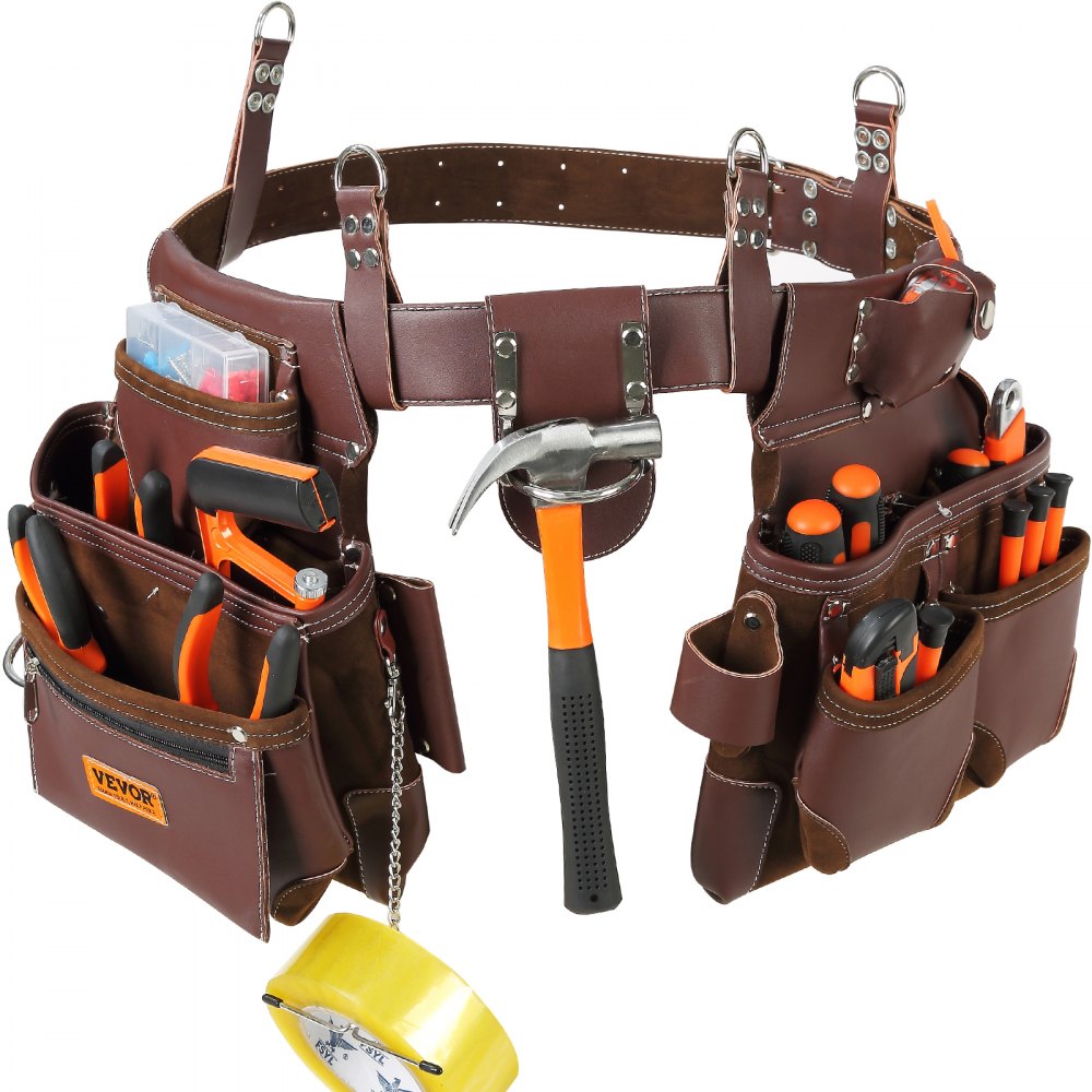 Tool Belt, 22 Pockets, Adjust from 29 Inches to 54 Inches, Premium PU Heavy Duty Tool Pouch Bag, Detachable Tool Bag for Electrician, Carpenter, Handyman, Woodworker, Construction, Framer, Brown