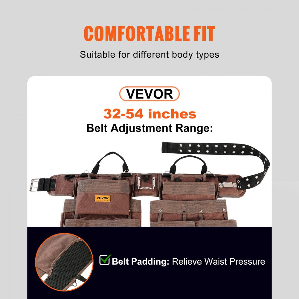 Brown polyester tool belt with 19 pockets and adjustable waist from 32 to 54 inches.