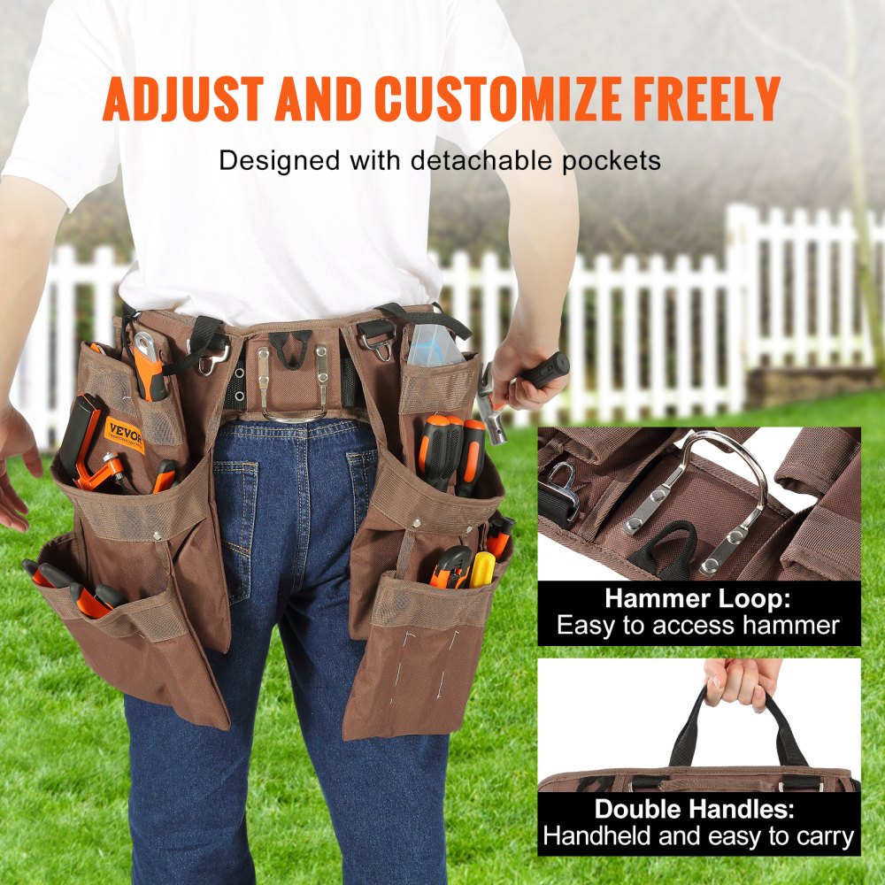 Brown polyester tool belt with 19 pockets and adjustable waist from 32 to 54 inches.