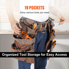 Brown 19-pocket polyester tool belt with adjustable waist and cushioned padding.