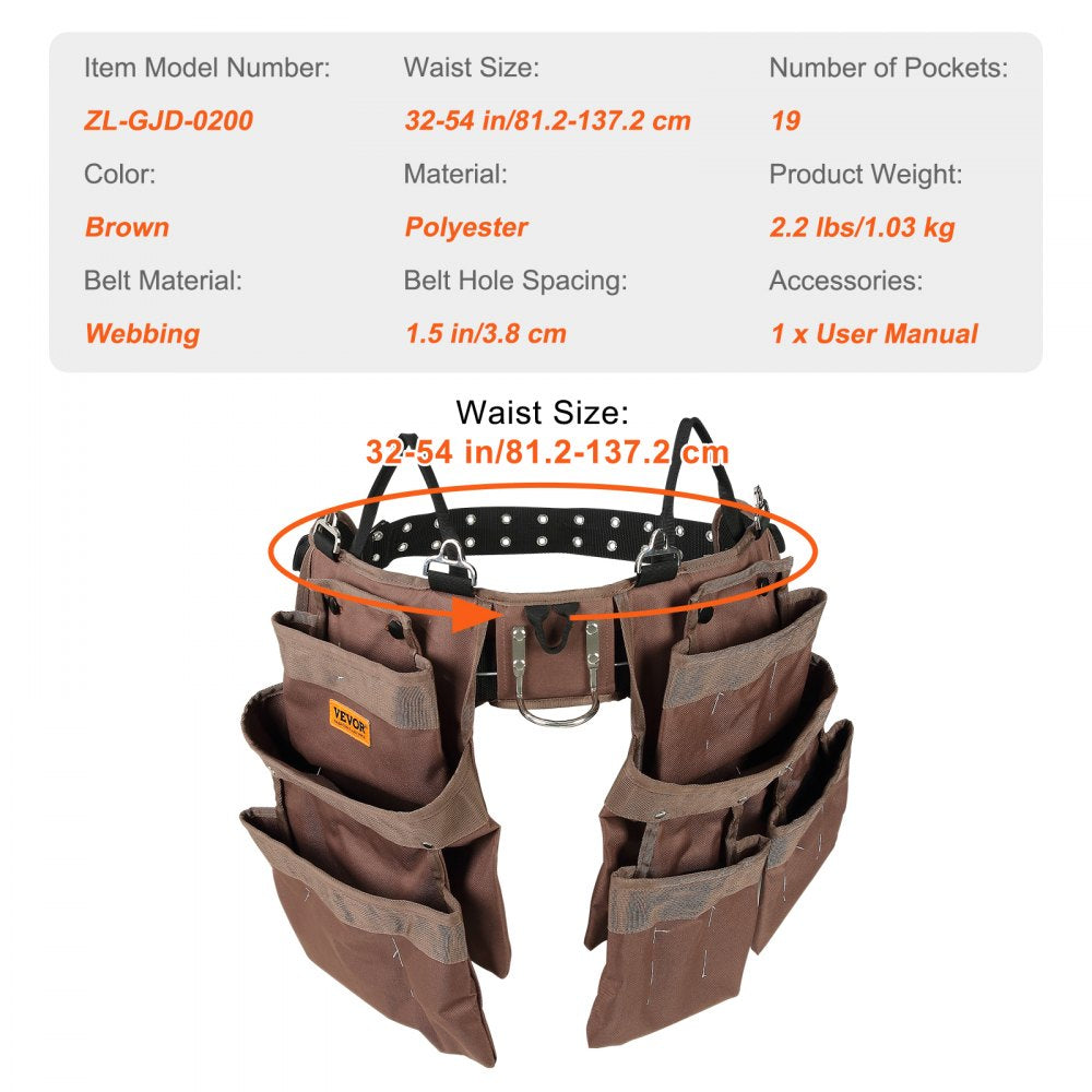 Brown polyester tool belt with 19 pockets and adjustable waist from 32 to 54 inches.