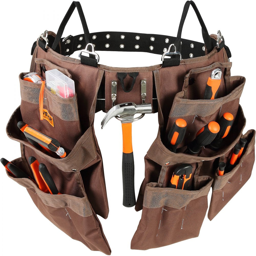 Brown polyester tool belt with 19 pockets, adjustable waist, and reinforced stitching.