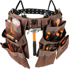 Brown polyester tool belt with 19 pockets, adjustable waist, and reinforced stitching.