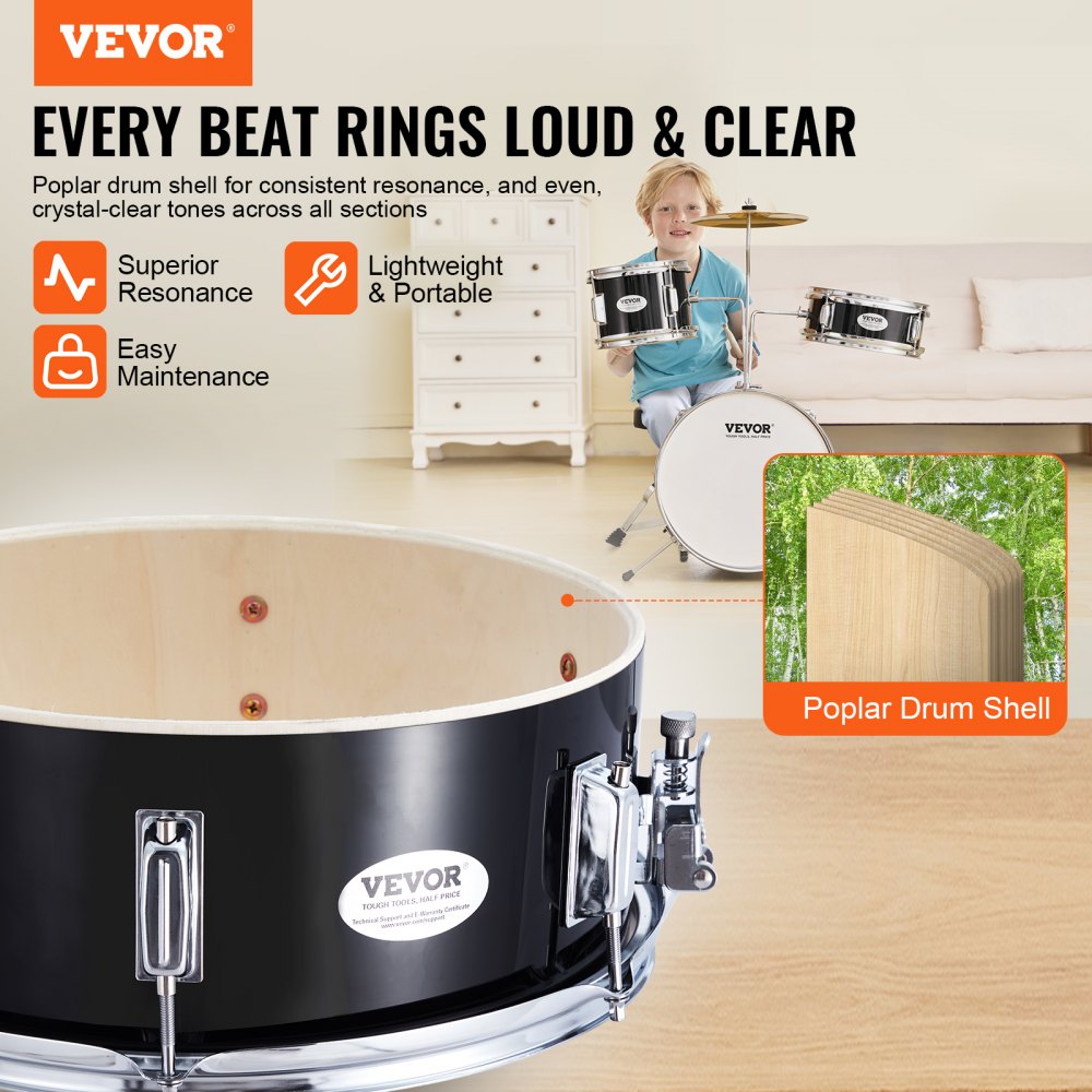 Kids Drum Set, 3-Piece, 14 in Beginner Drum Set with Adjustable Throne Cymbal Pedal Two Pairs of Drumsticks, 8`` Tom Drum 10`` Snare Drum 14`` Bass Drum, Starter Drum Kit for Child Kids, Black