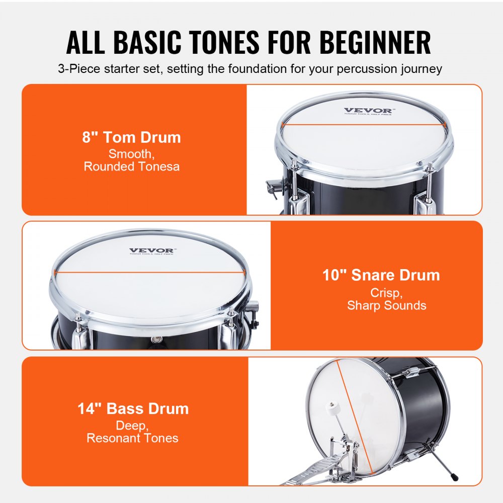 Kids Drum Set, 3-Piece, 14 in Beginner Drum Set with Adjustable Throne Cymbal Pedal Two Pairs of Drumsticks, 8`` Tom Drum 10`` Snare Drum 14`` Bass Drum, Starter Drum Kit for Child Kids, Black