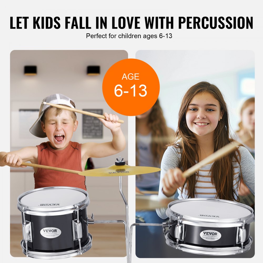Kids Drum Set, 3-Piece, 14 in Beginner Drum Set with Adjustable Throne Cymbal Pedal Two Pairs of Drumsticks, 8`` Tom Drum 10`` Snare Drum 14`` Bass Drum, Starter Drum Kit for Child Kids, Black