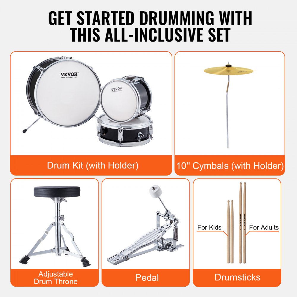 Kids Drum Set, 3-Piece, 14 in Beginner Drum Set with Adjustable Throne Cymbal Pedal Two Pairs of Drumsticks, 8`` Tom Drum 10`` Snare Drum 14`` Bass Drum, Starter Drum Kit for Child Kids, Black