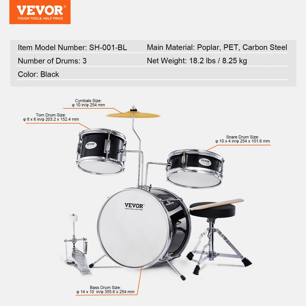 Kids Drum Set, 3-Piece, 14 in Beginner Drum Set with Adjustable Throne Cymbal Pedal Two Pairs of Drumsticks, 8`` Tom Drum 10`` Snare Drum 14`` Bass Drum, Starter Drum Kit for Child Kids, Black