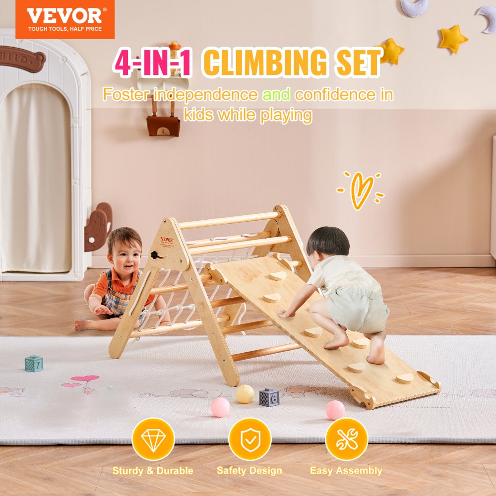 Pikler Triangle Set, 4 in 1 Toddler Climbing Toys Indoor Playground, Large Size Wooden Climbing Gym for Toddlers 1-3 Years, Montessori Climbing Set with Triangle and Ramp, Wood Color