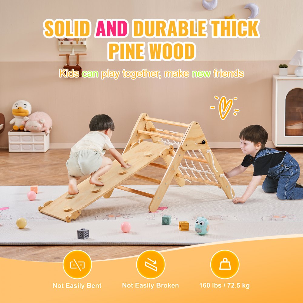 Pikler Triangle Set, 4 in 1 Toddler Climbing Toys Indoor Playground, Large Size Wooden Climbing Gym for Toddlers 1-3 Years, Montessori Climbing Set with Triangle and Ramp, Wood Color